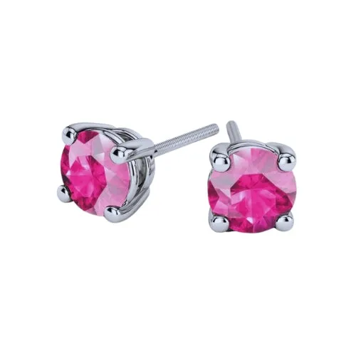 Paris Jewelry 18k White Gold 2 Pair Created Pink Sapphire 6mm Round & Princess Cut Stud Earrings Plated