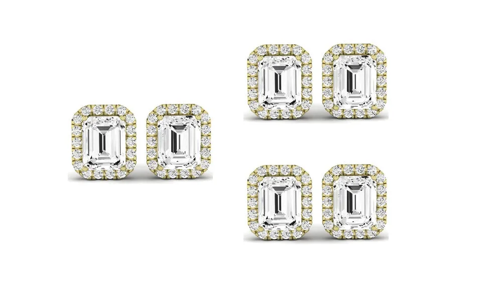 Paris jewelry 18k Yellow Gold 4mm 1Ct Emerald Cut White Sapphire Set Of Three Halo Stud Earrings Plated