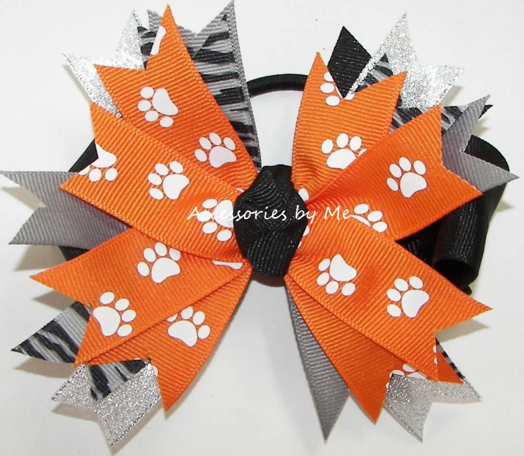 Paw Print Orange White Gray Pinwheel Bow