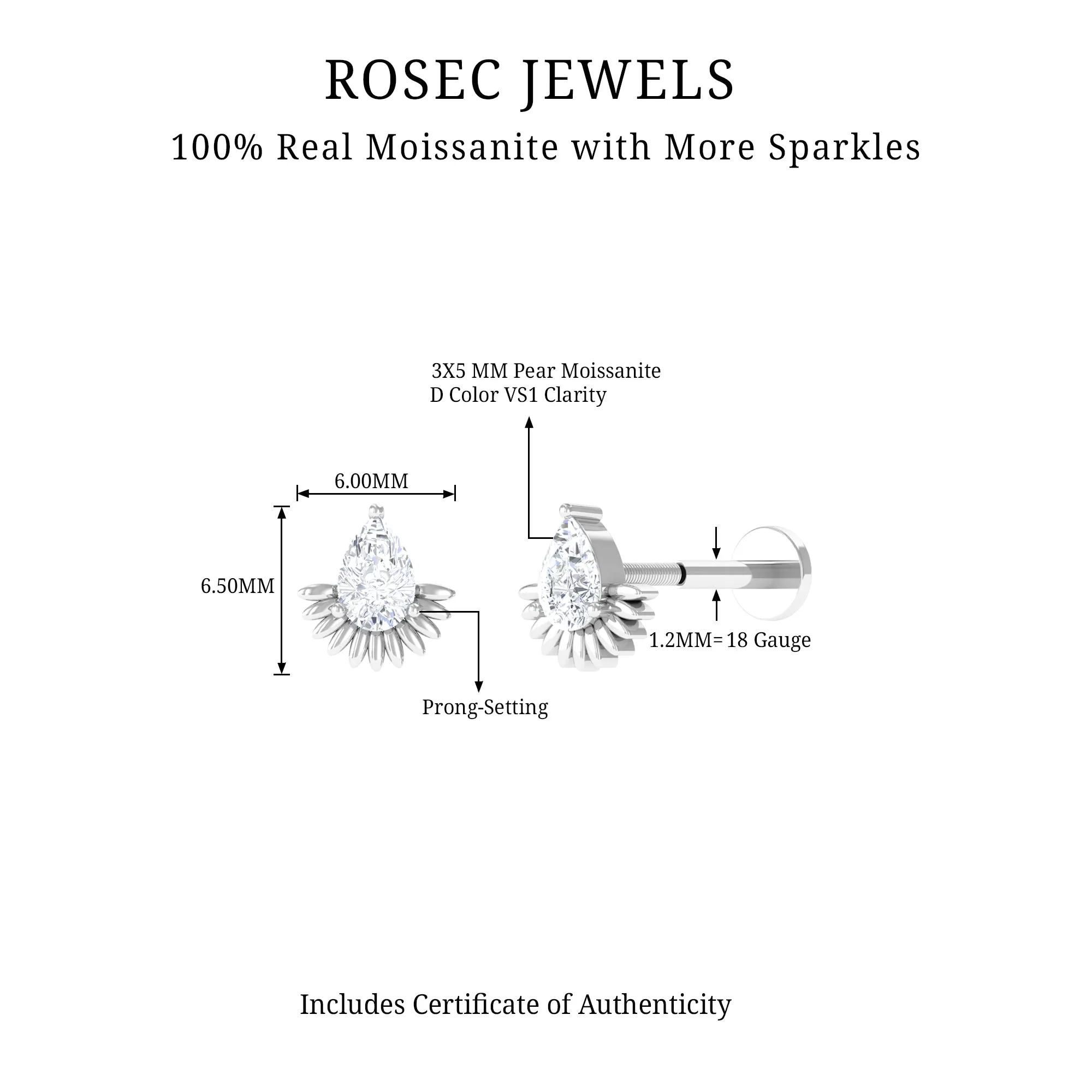 Pear Shape Moissanite Unique Cartilage Earring