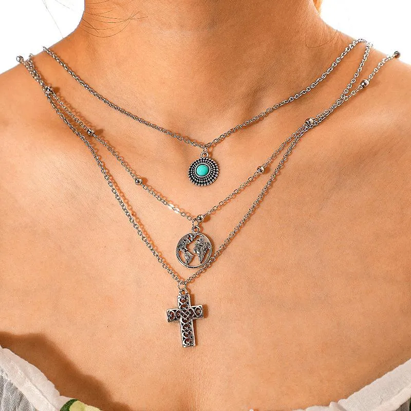 Personality Cross World Map Turquoise Combination Three-tier Necklace