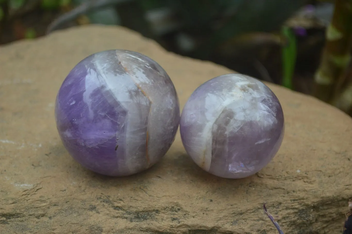 Polished Smokey Chevron Amethyst Spheres x 4 From Madagascar