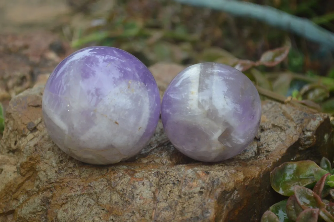 Polished Smokey Chevron Amethyst Spheres x 4 From Madagascar