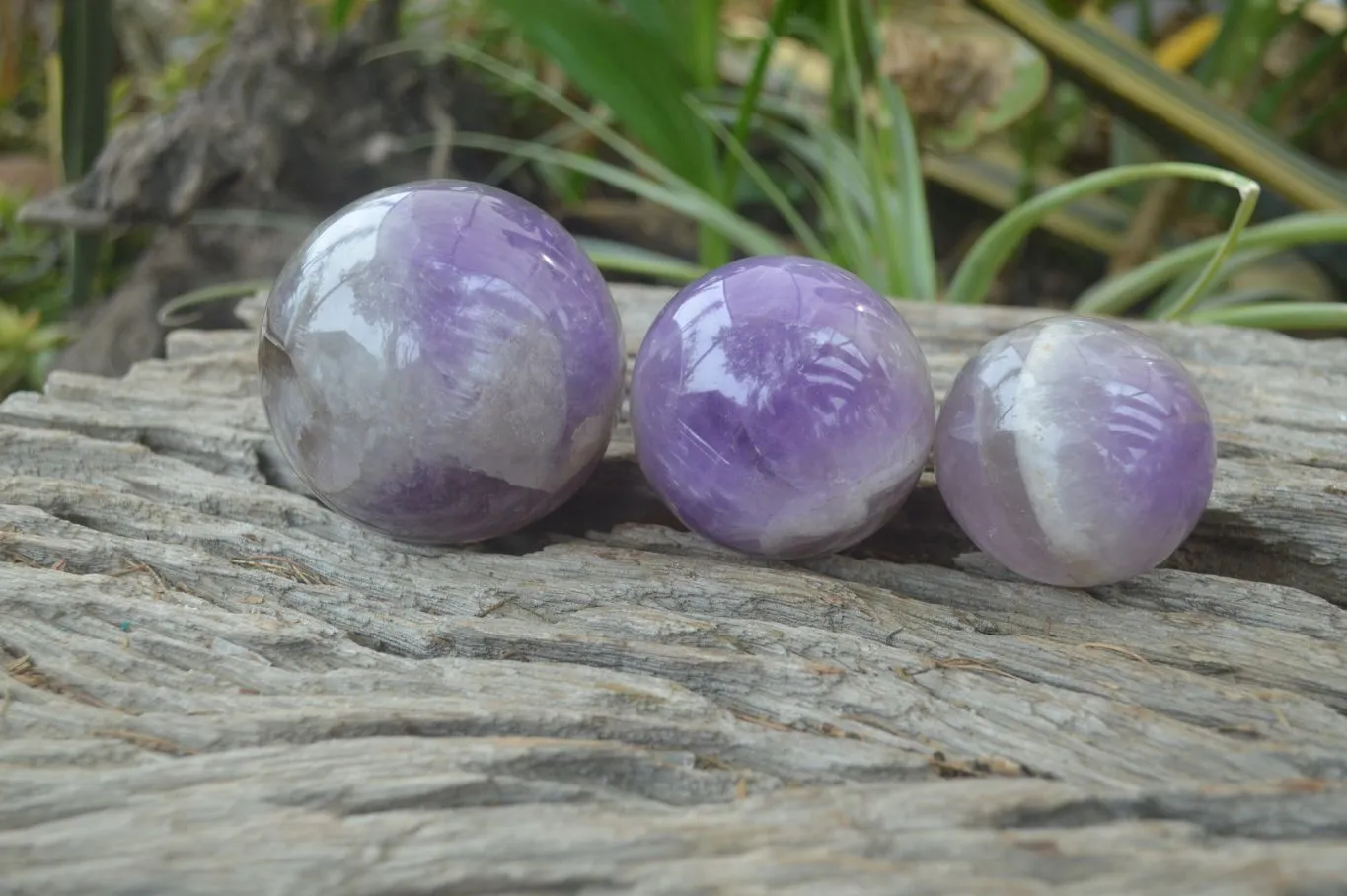 Polished Smokey Chevron Amethyst Spheres x 4 From Madagascar