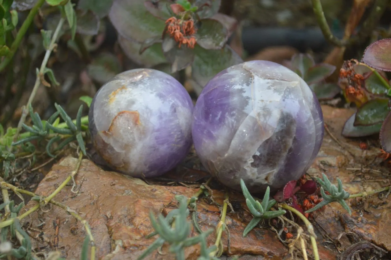 Polished Smokey Chevron Amethyst Spheres x 4 From Madagascar