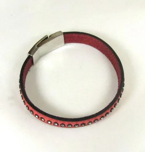 Red Crystal Studded Leather Bracelet for a Man