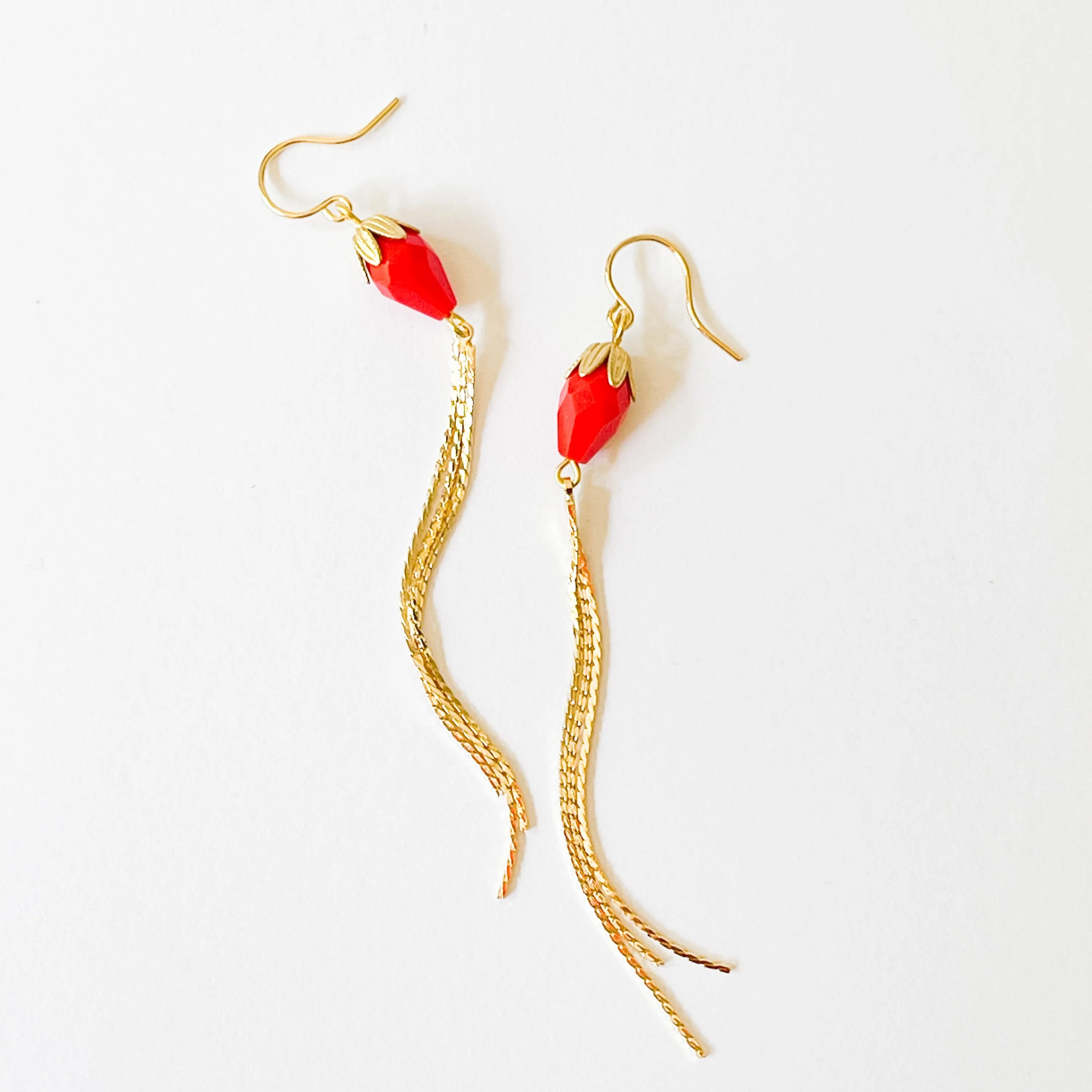 Red Gold Chain Tassel Earrings - WS