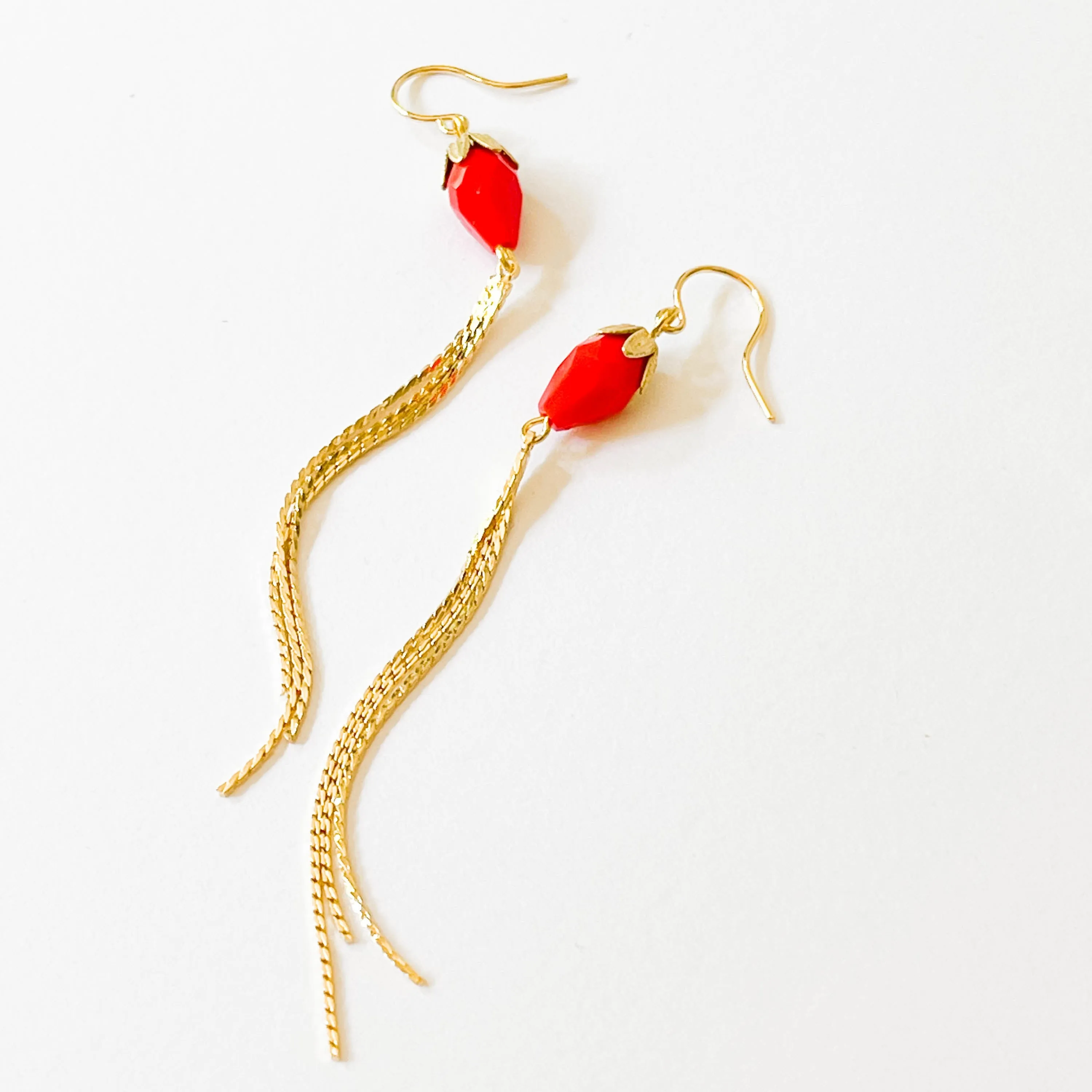 Red Gold Chain Tassel Earrings - WS