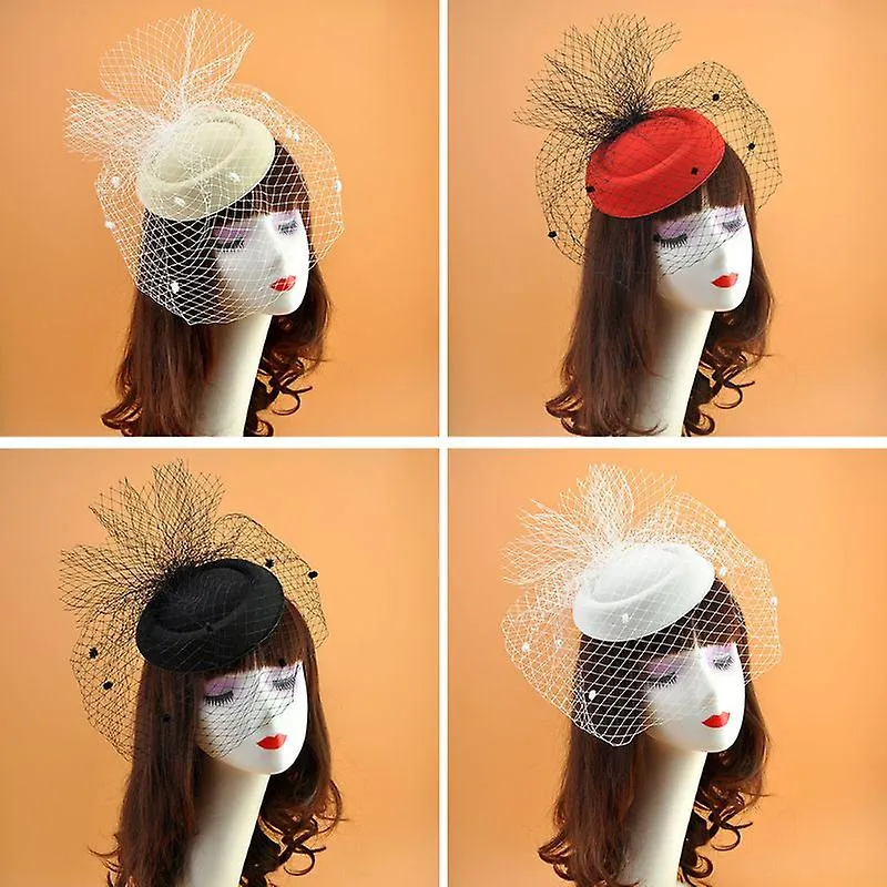 Red Women'S Felt Hat Topper Mesh Veil Small PlUSh Wave Point Decor Hair Clips Wedding Bridal Cocktail Headwear Fa1309