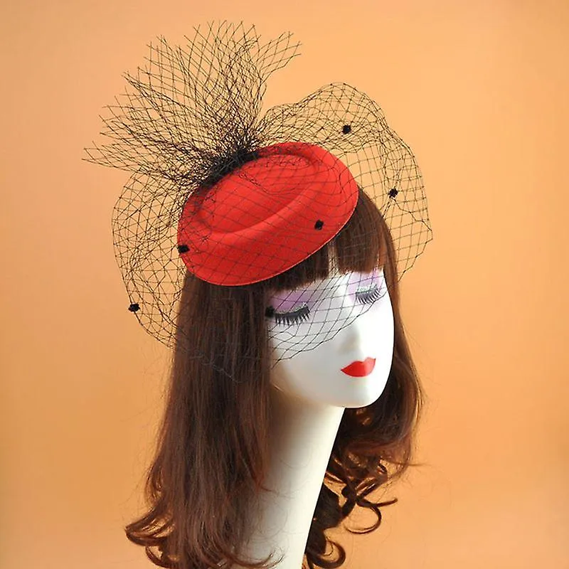 Red Women'S Felt Hat Topper Mesh Veil Small PlUSh Wave Point Decor Hair Clips Wedding Bridal Cocktail Headwear Fa1309