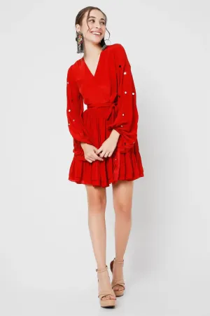 Red Wrap Dress With Mirror Work