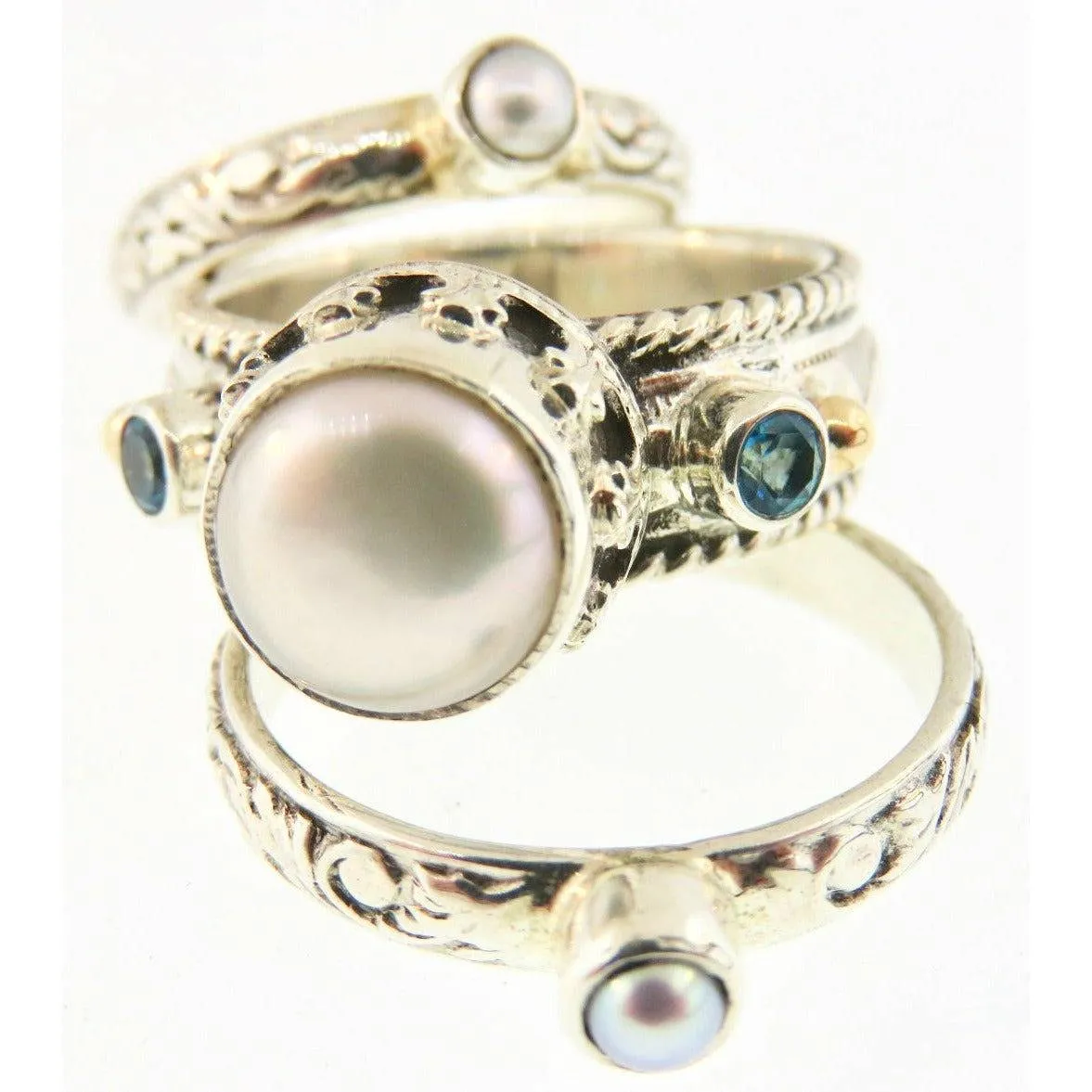 Reve Jewelry Sterling SIlver 3 Band Stackable Rings-Mabe Pearl & Gemstones