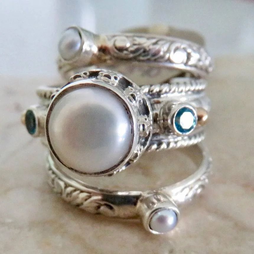 Reve Jewelry Sterling SIlver 3 Band Stackable Rings-Mabe Pearl & Gemstones