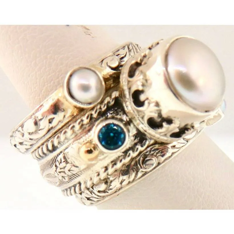 Reve Jewelry Sterling SIlver 3 Band Stackable Rings-Mabe Pearl & Gemstones