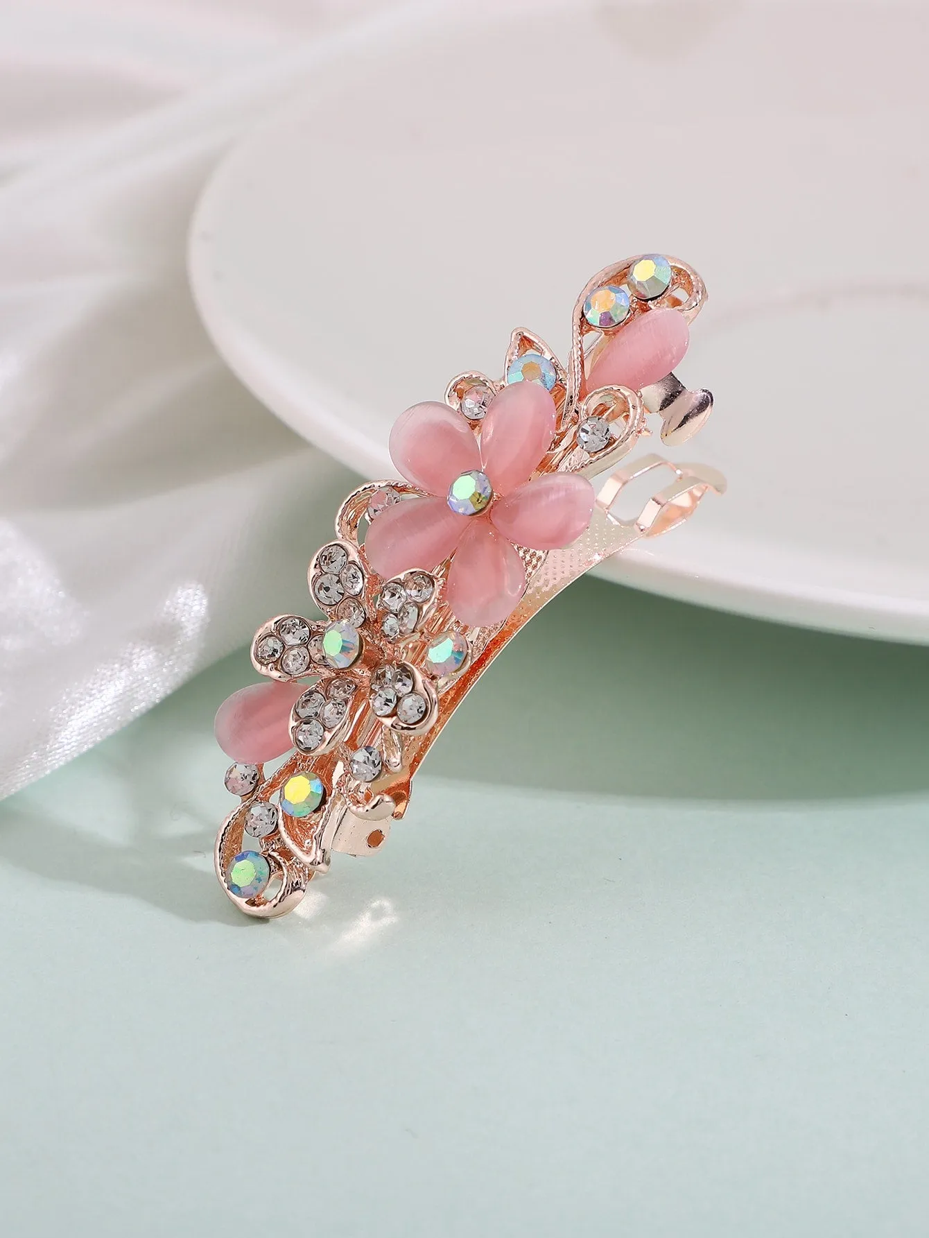 Rhinestone Flower Decor Pink Hair Clip for Women Barrette Styling Hair