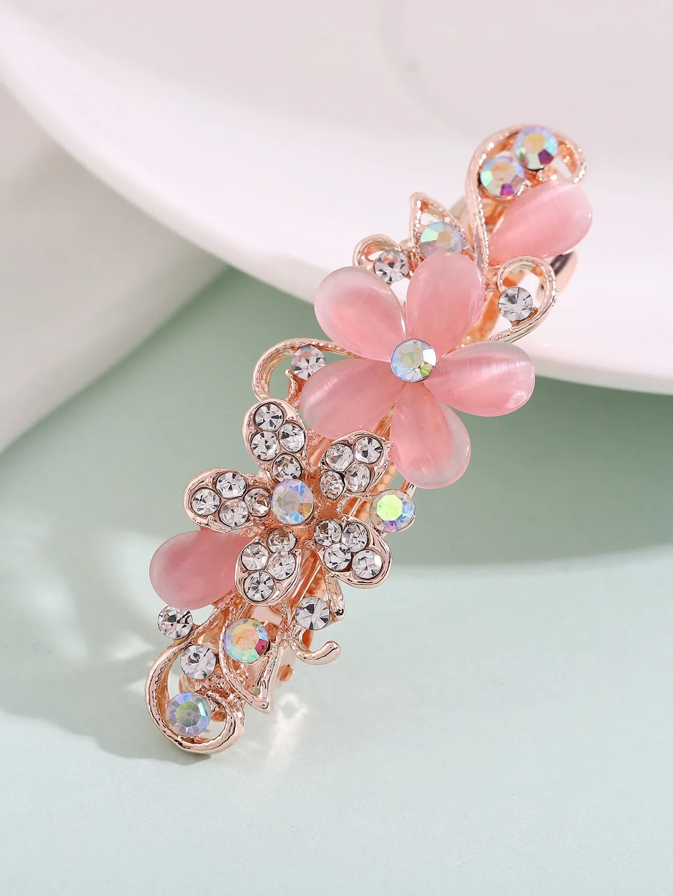 Rhinestone Flower Decor Pink Hair Clip for Women Barrette Styling Hair