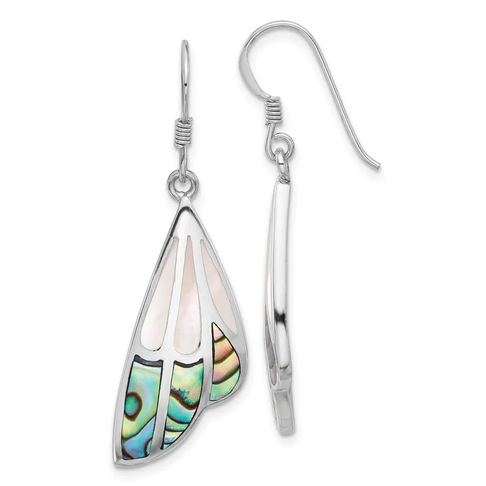 Rhodium-plated Sterling Silverd Polished Abalone with MOP Butterfly Wing Earrings