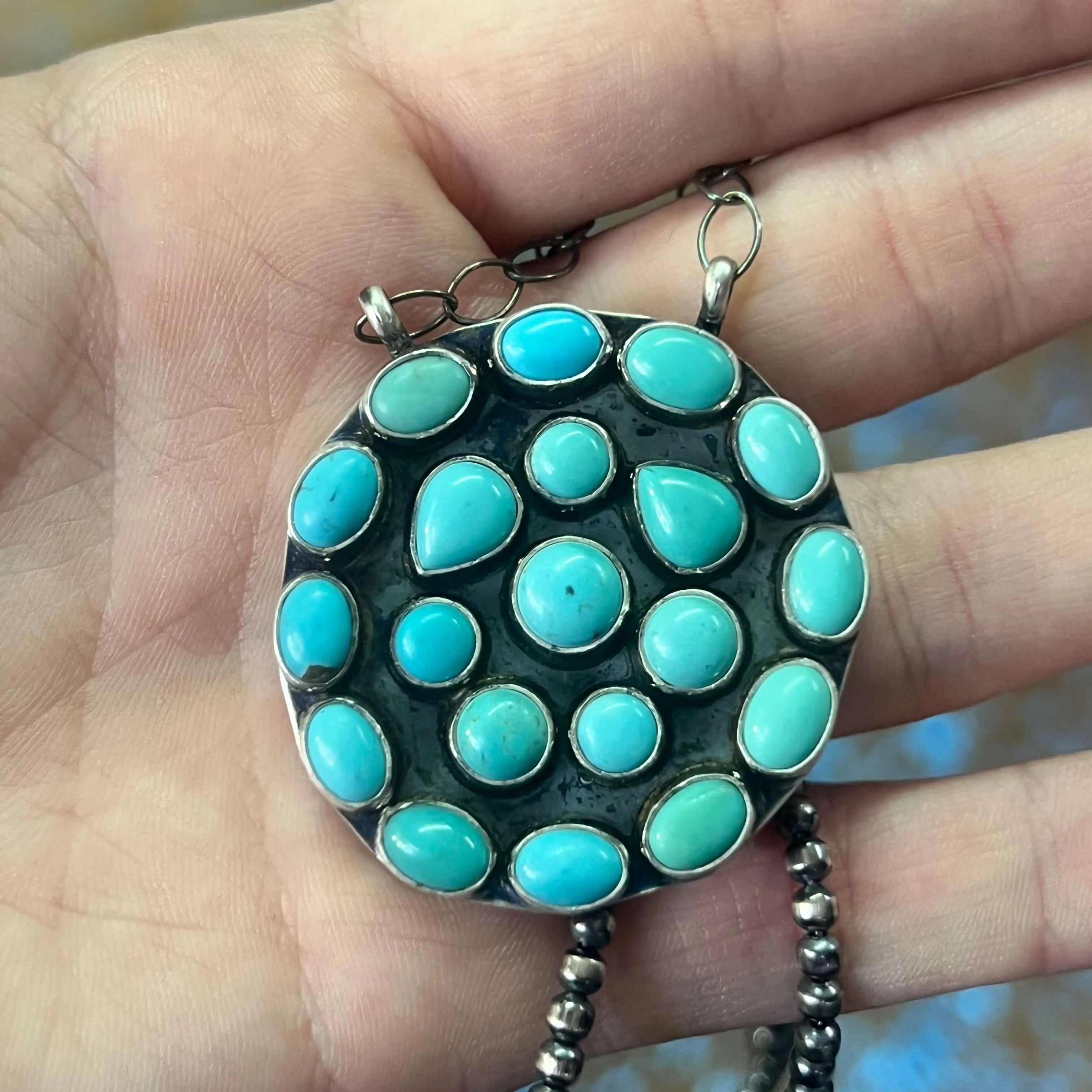 Round Cluster Kingman Turquoise Genuine Necklace