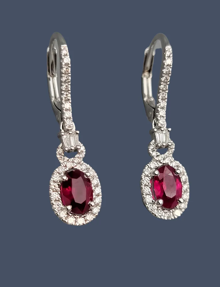 Ruby Diamond Dangle Earrings 14K White Gold