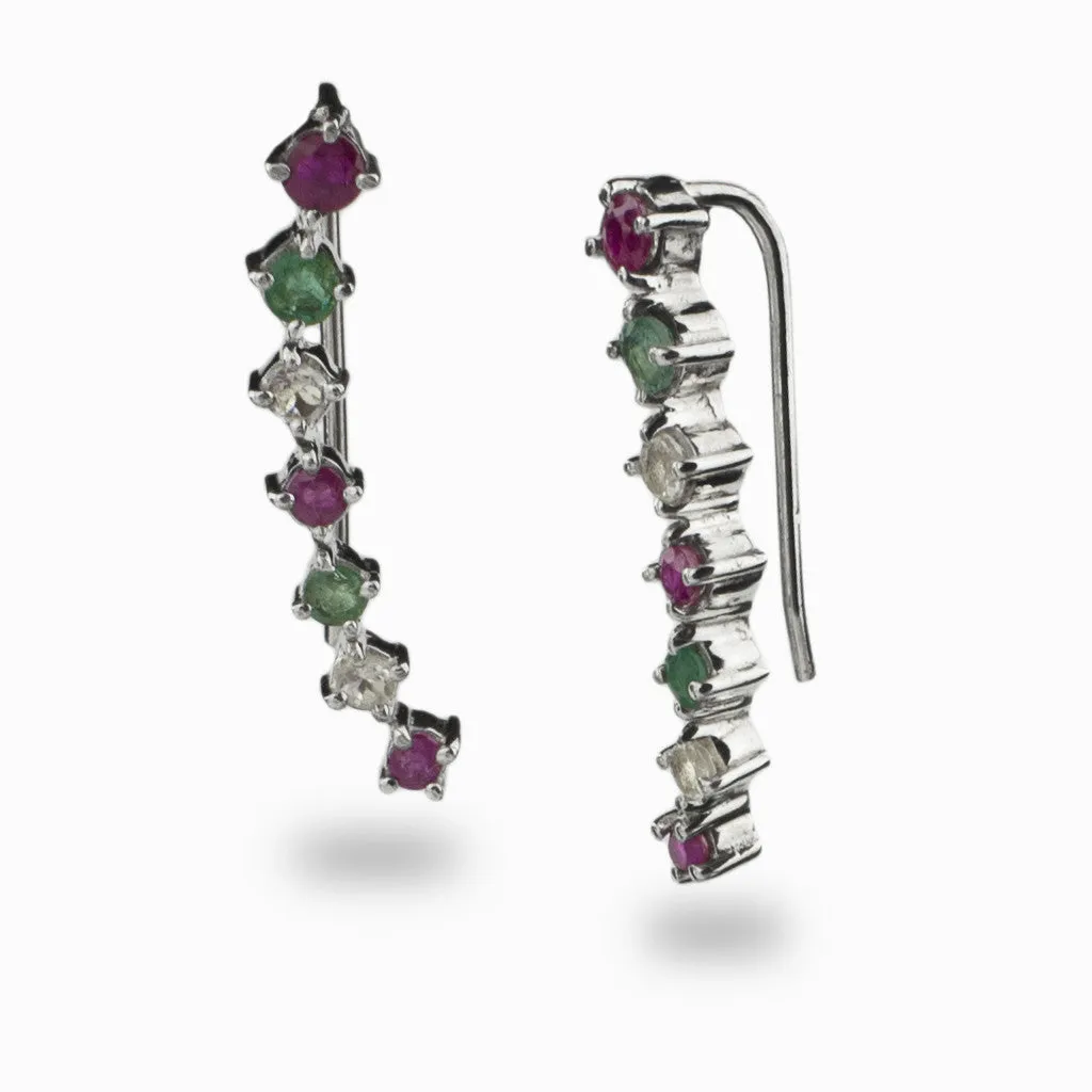 Ruby, Emerald & White Topaz Ear Climbers