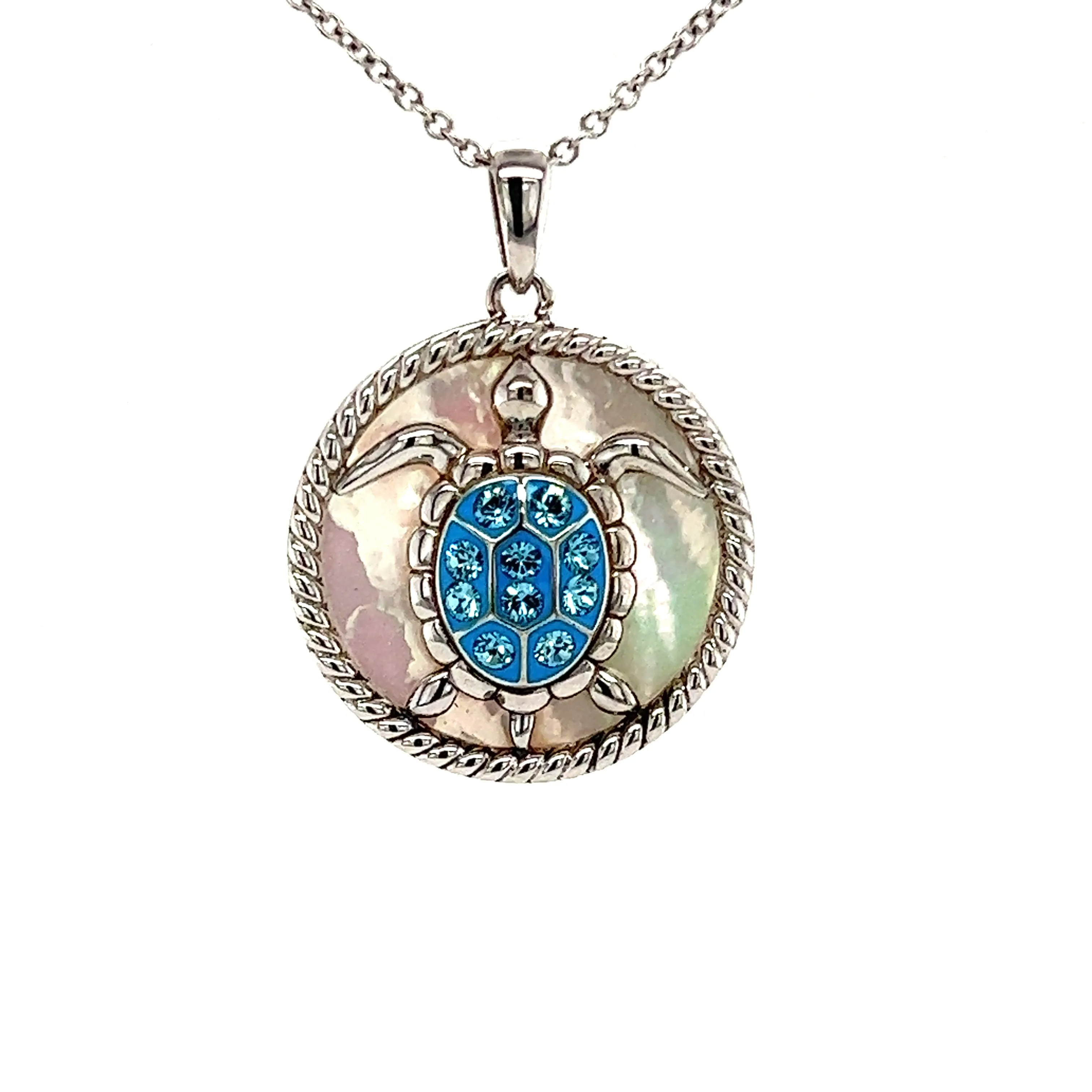 Sea Turtle Necklace with Mother of Pearl  and White Crystals in Sterling Silver