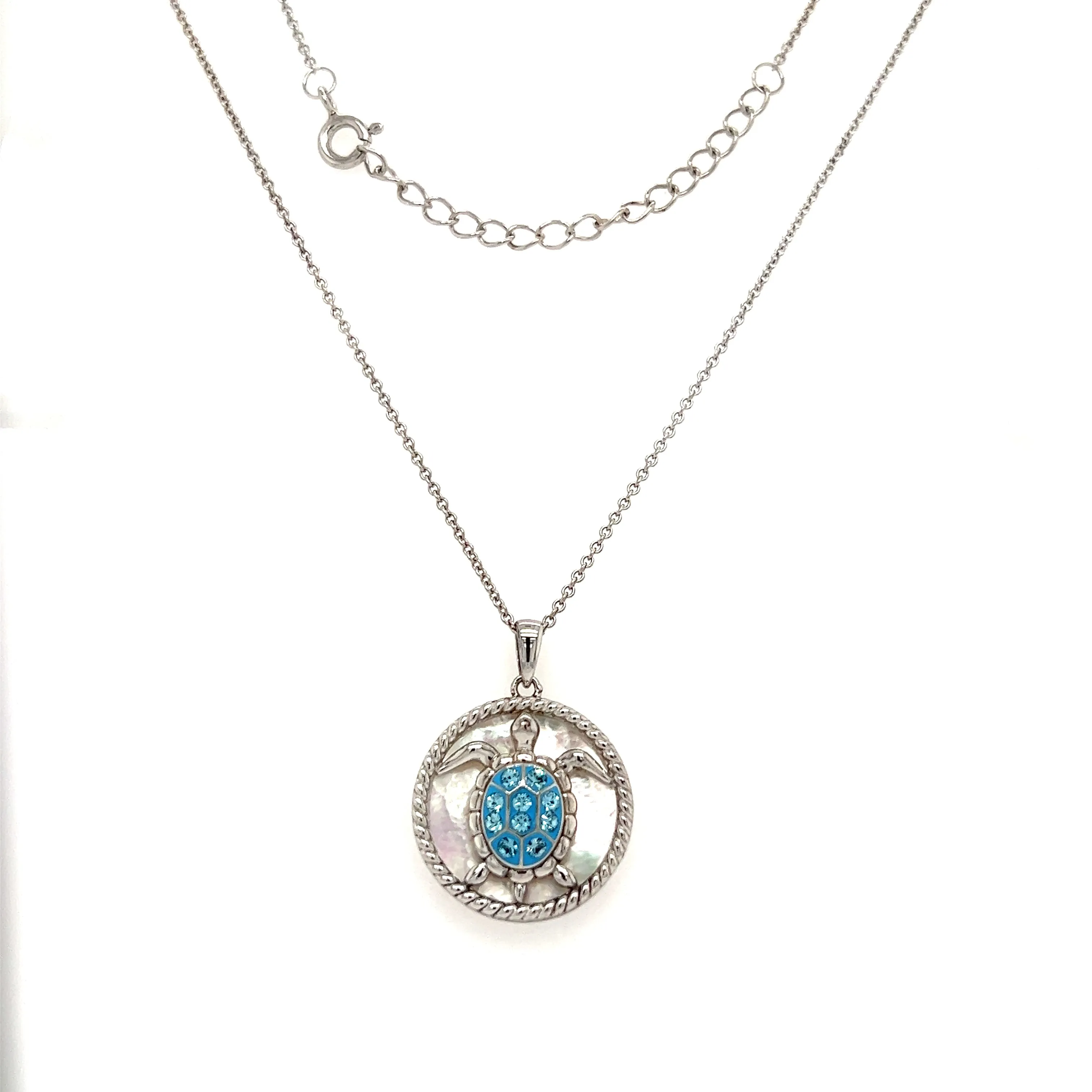 Sea Turtle Necklace with Mother of Pearl  and White Crystals in Sterling Silver