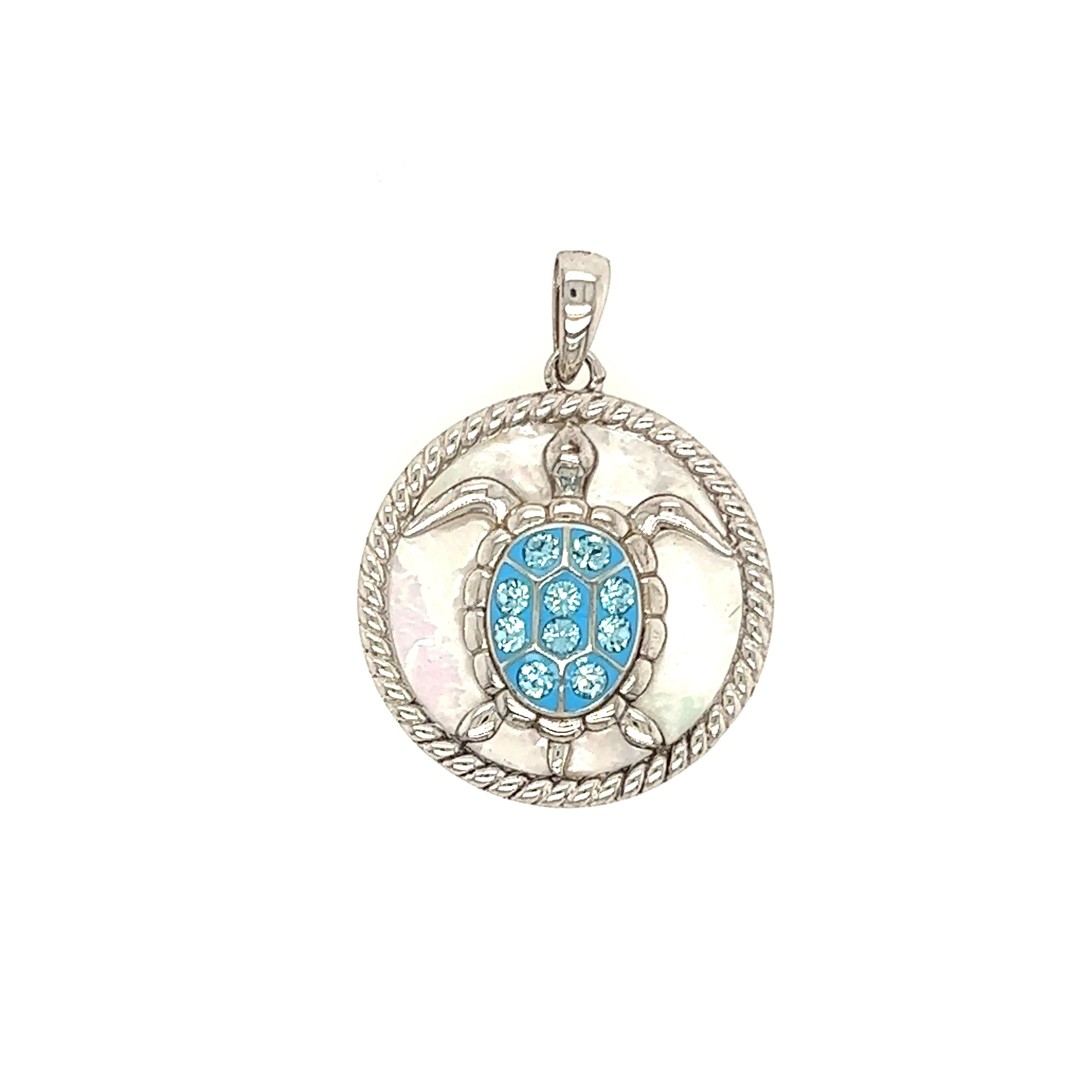 Sea Turtle Necklace with Mother of Pearl  and White Crystals in Sterling Silver