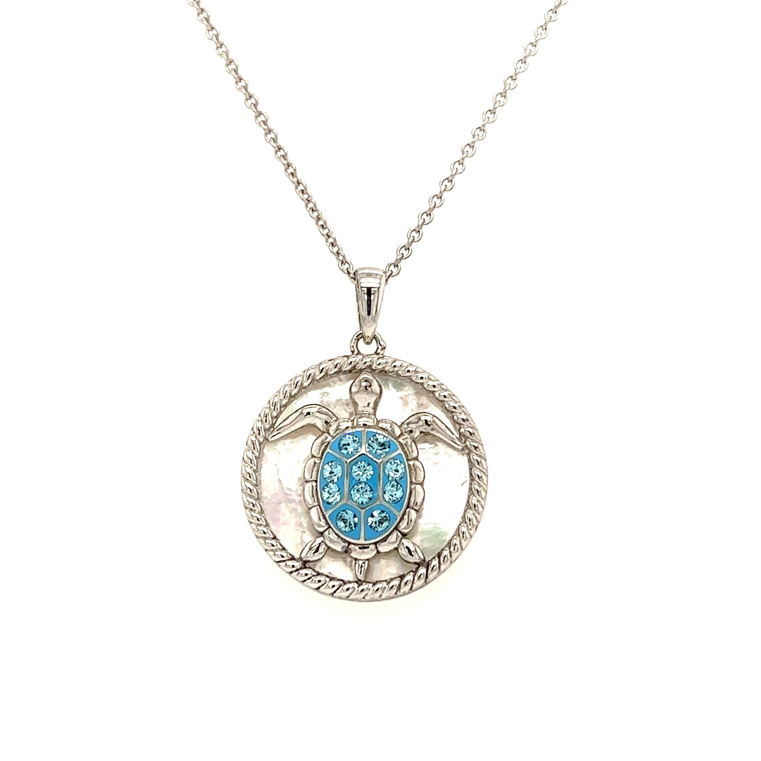 Sea Turtle Necklace with Mother of Pearl  and White Crystals in Sterling Silver