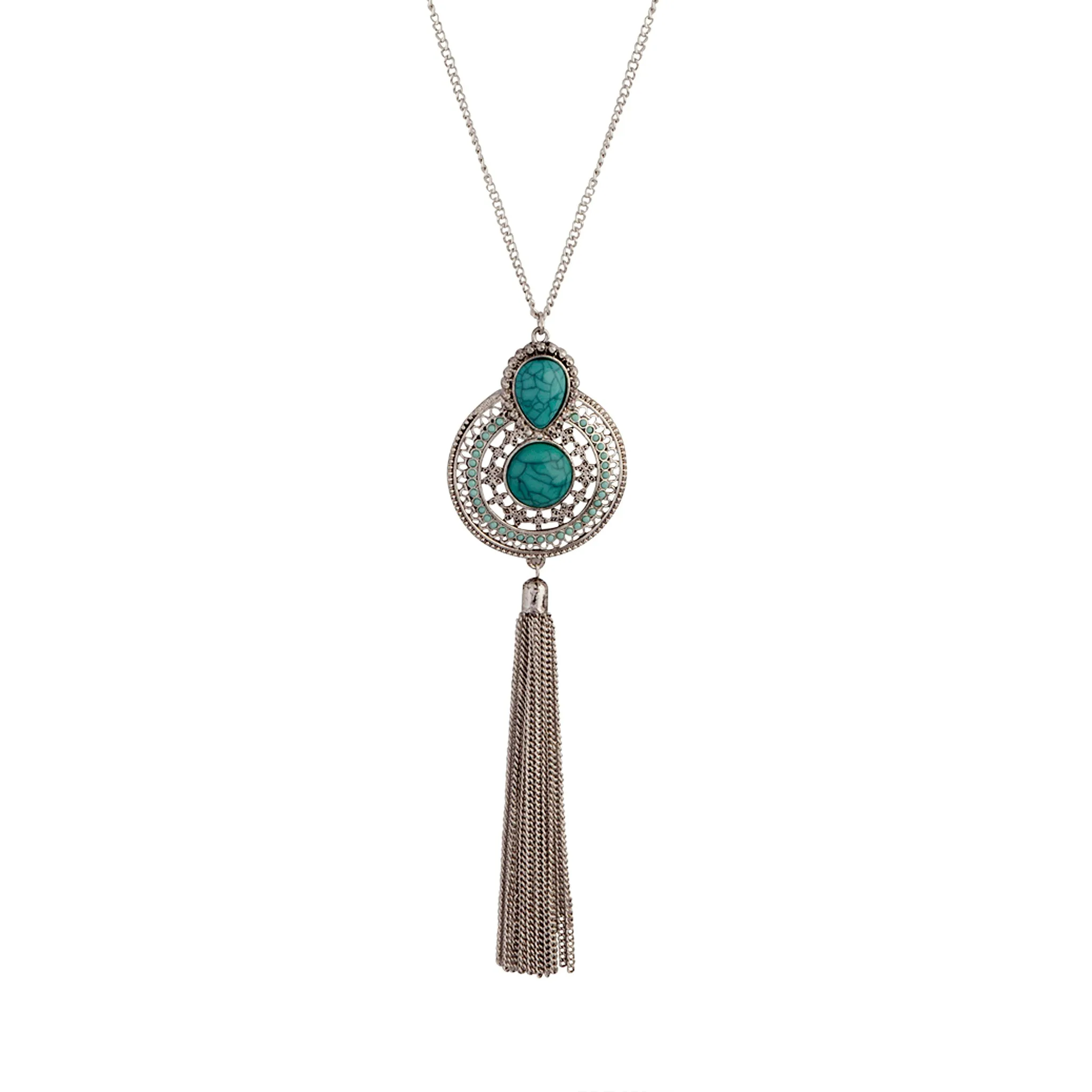 Silver and Turquoise Boho Tassel Necklace