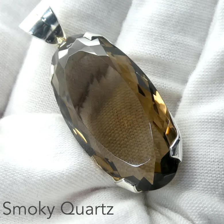 Smoky Quartz Pendant, Long Faceted Oval, 925 Silver