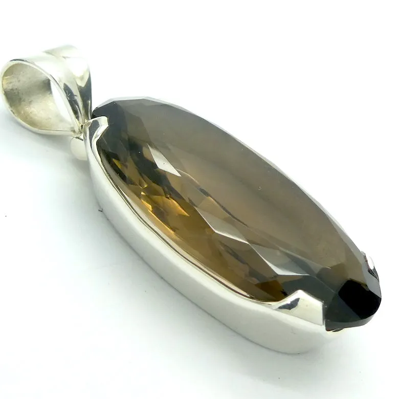 Smoky Quartz Pendant, Long Faceted Oval, 925 Silver