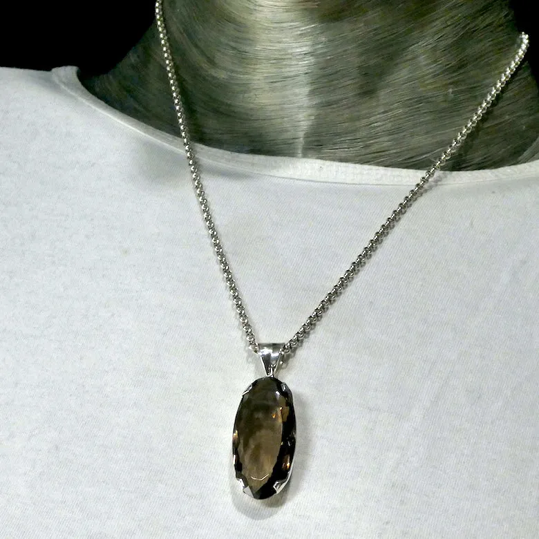 Smoky Quartz Pendant, Long Faceted Oval, 925 Silver