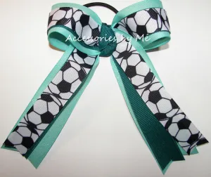 Soccer Jade Aqua Glitter Ponytail Bow