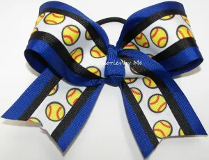 Softball Royal Blue Black Ponytail Bow