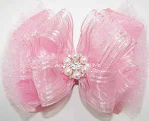 Sparkly Light Pink Organza Tutu Hair Bow