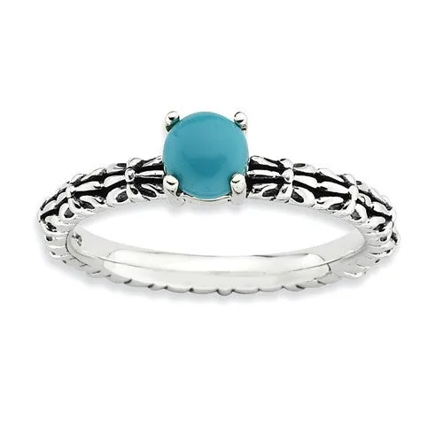 Sterling Silver Stackable Expressions Antiqued Pattern Turquoise Ring