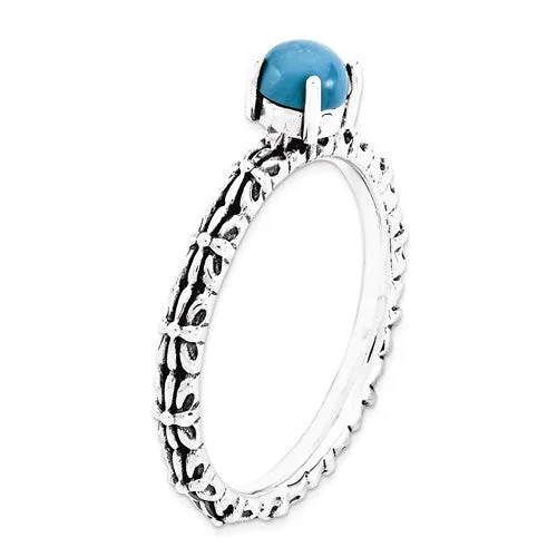 Sterling Silver Stackable Expressions Antiqued Pattern Turquoise Ring