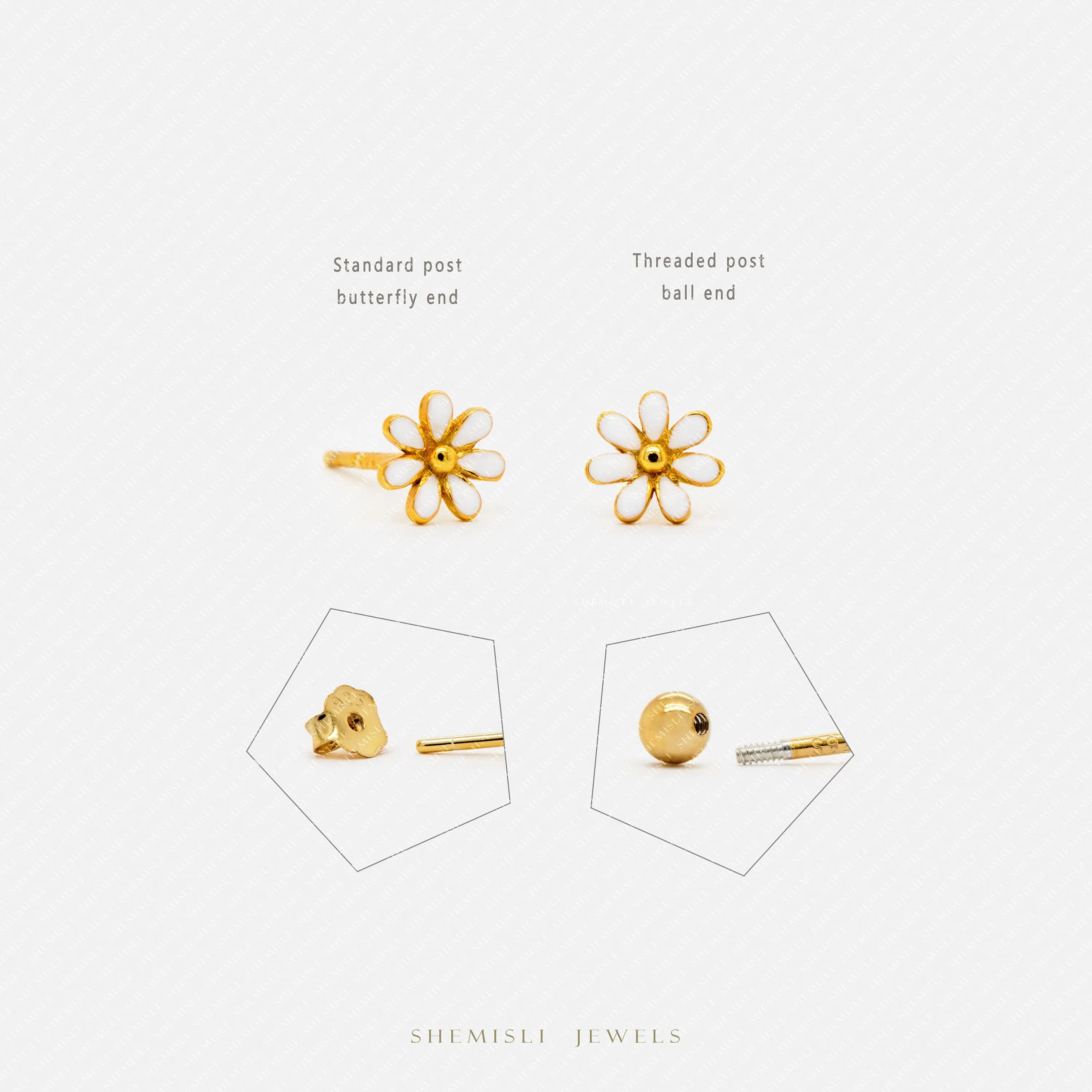 Super Tiny Daisy Flower Stud Earrings, Gold, Silver SHEMISLI SS372 Butterfly End, SS762 Screw Ball End (Type A)