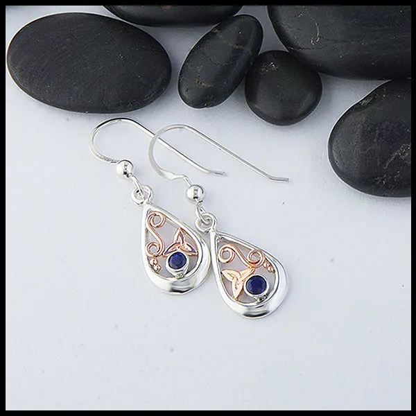 Tear Drop Earrings in Silver & Rose Gold with Sapphire