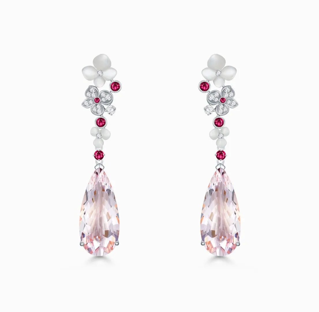 THIALH - FAUNA & FLORA - Hydrange Pink Morganite and Ruby Diamond Earrings