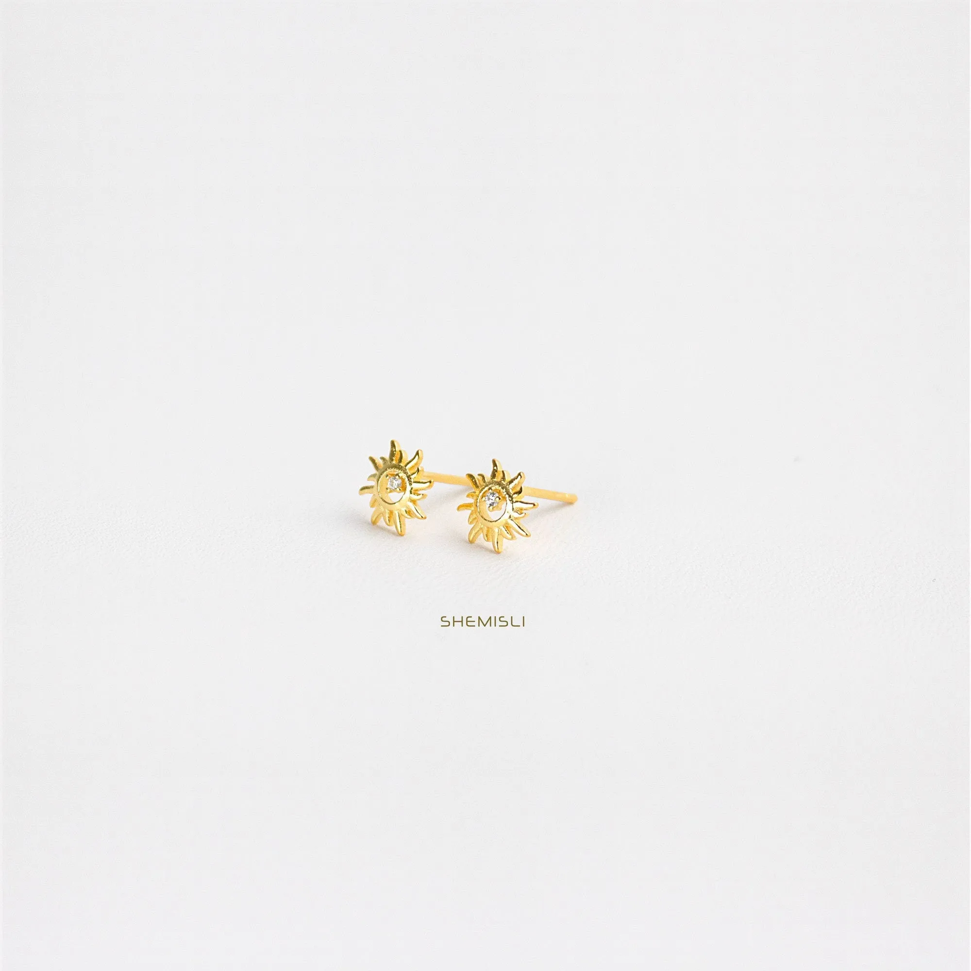 Tiny CZ Sun Studs Earrings, Starburst Studs, Unisex, Gold, Silver SHEMISLI SS031 Butterfly End, SS795 Screw Ball End (Type A)