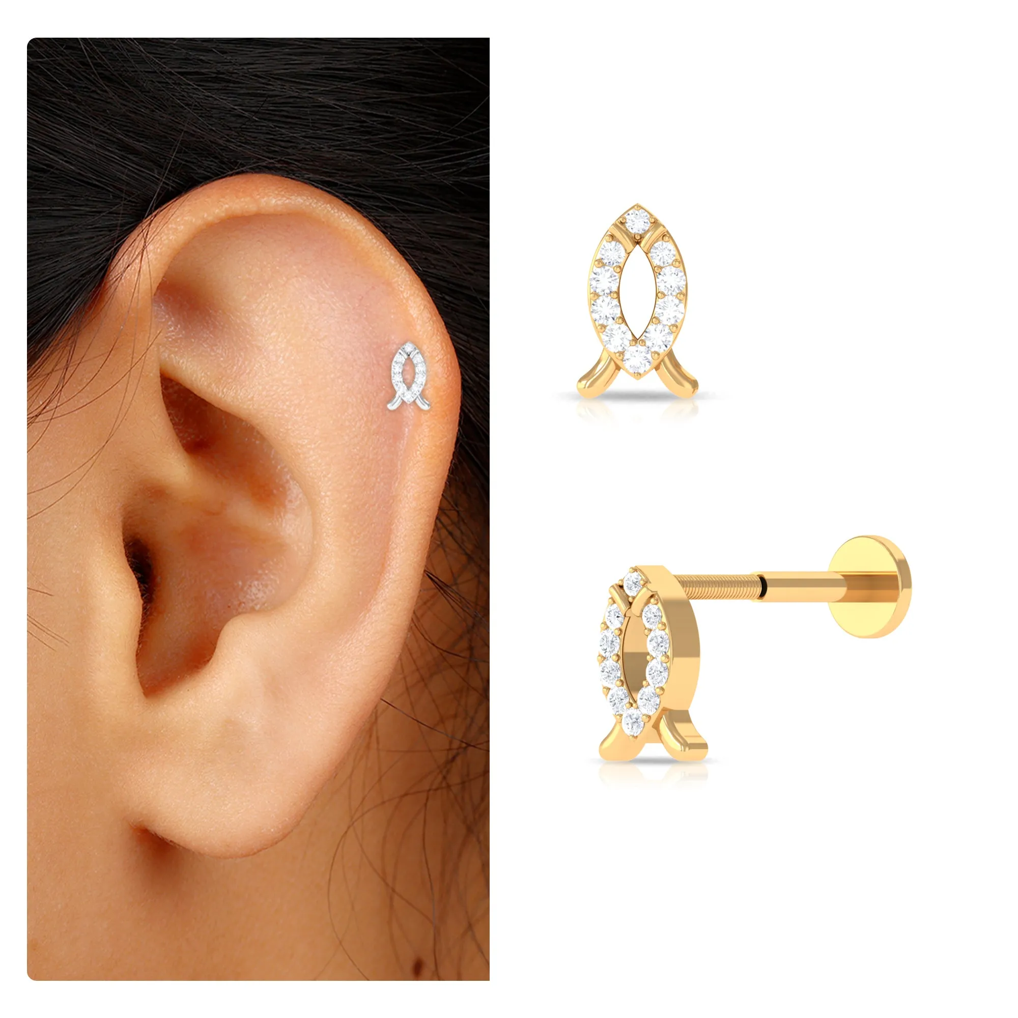 Unique Diamond Gold Fish Earring for Tragus Piercing