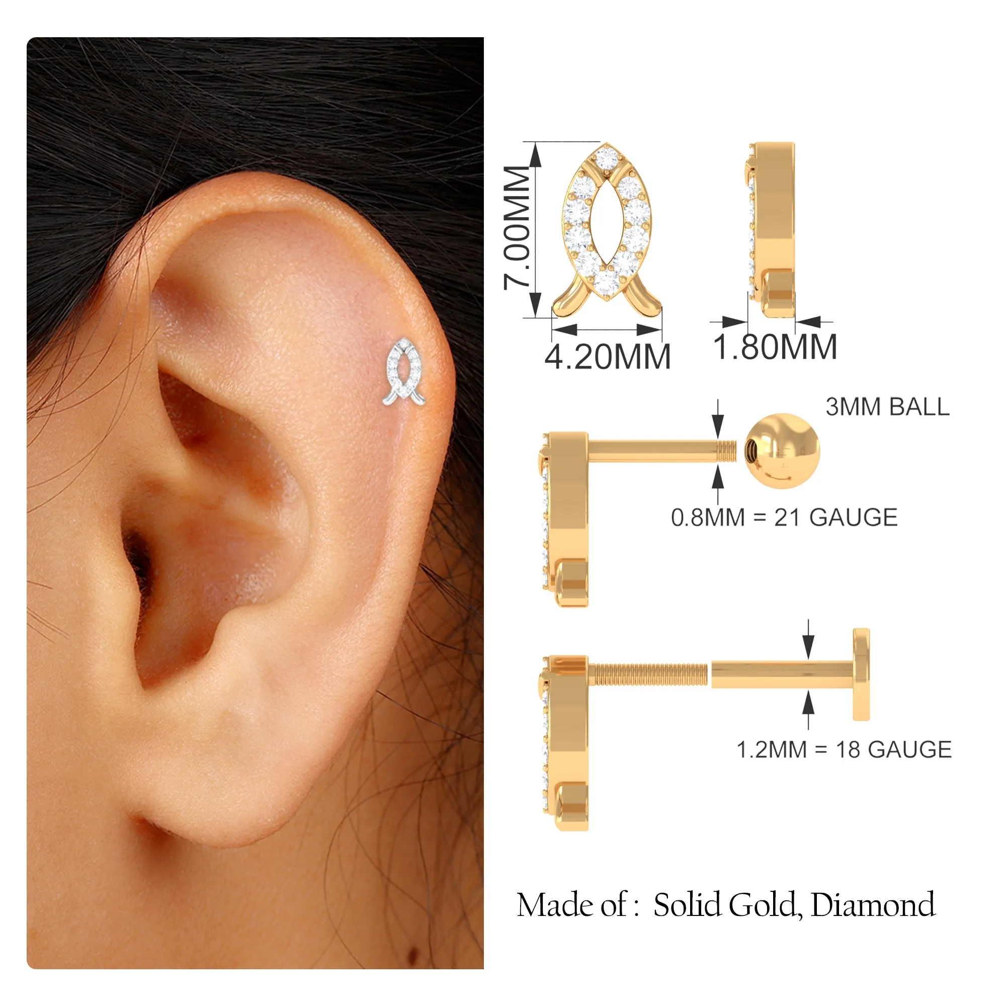 Unique Diamond Gold Fish Earring for Tragus Piercing