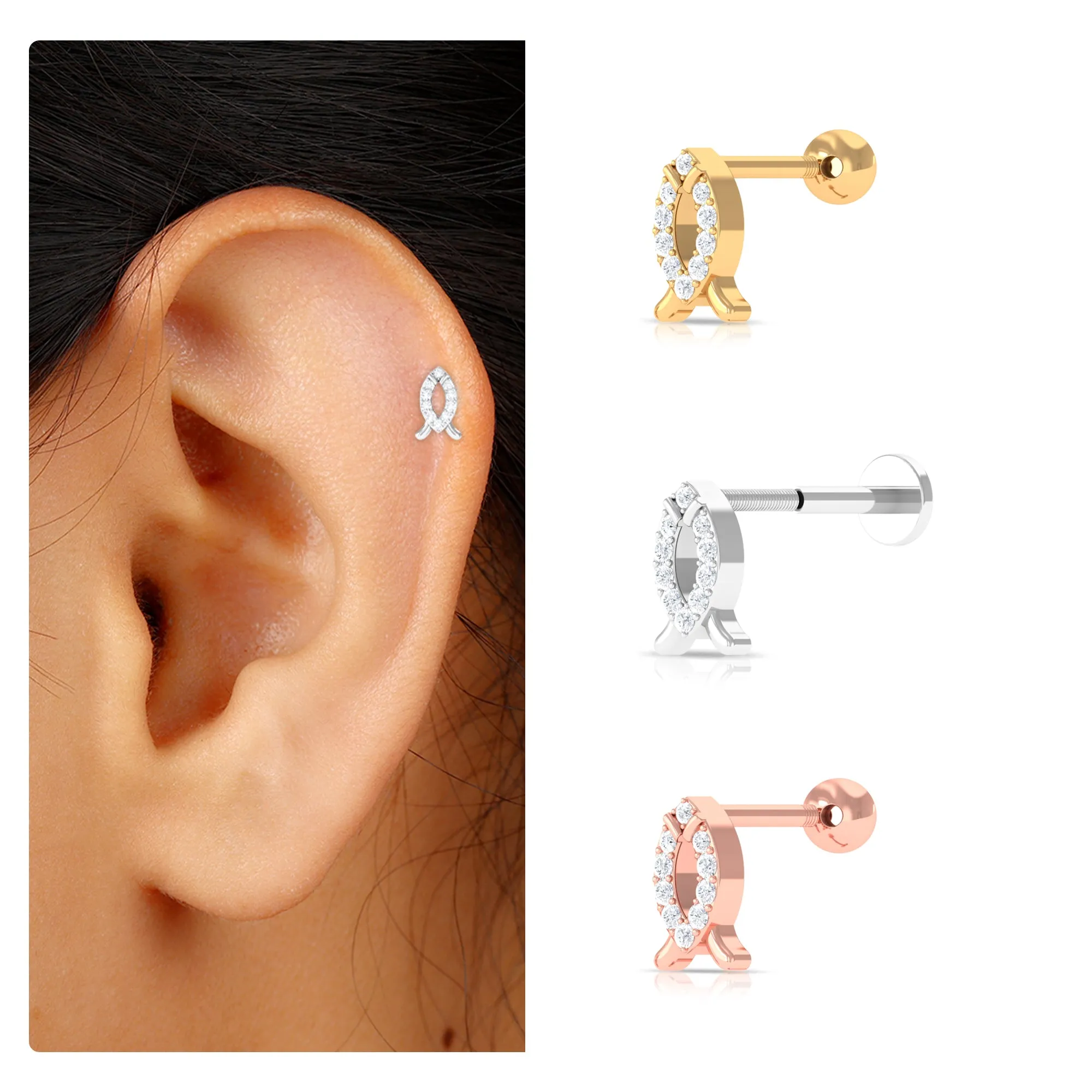 Unique Diamond Gold Fish Earring for Tragus Piercing