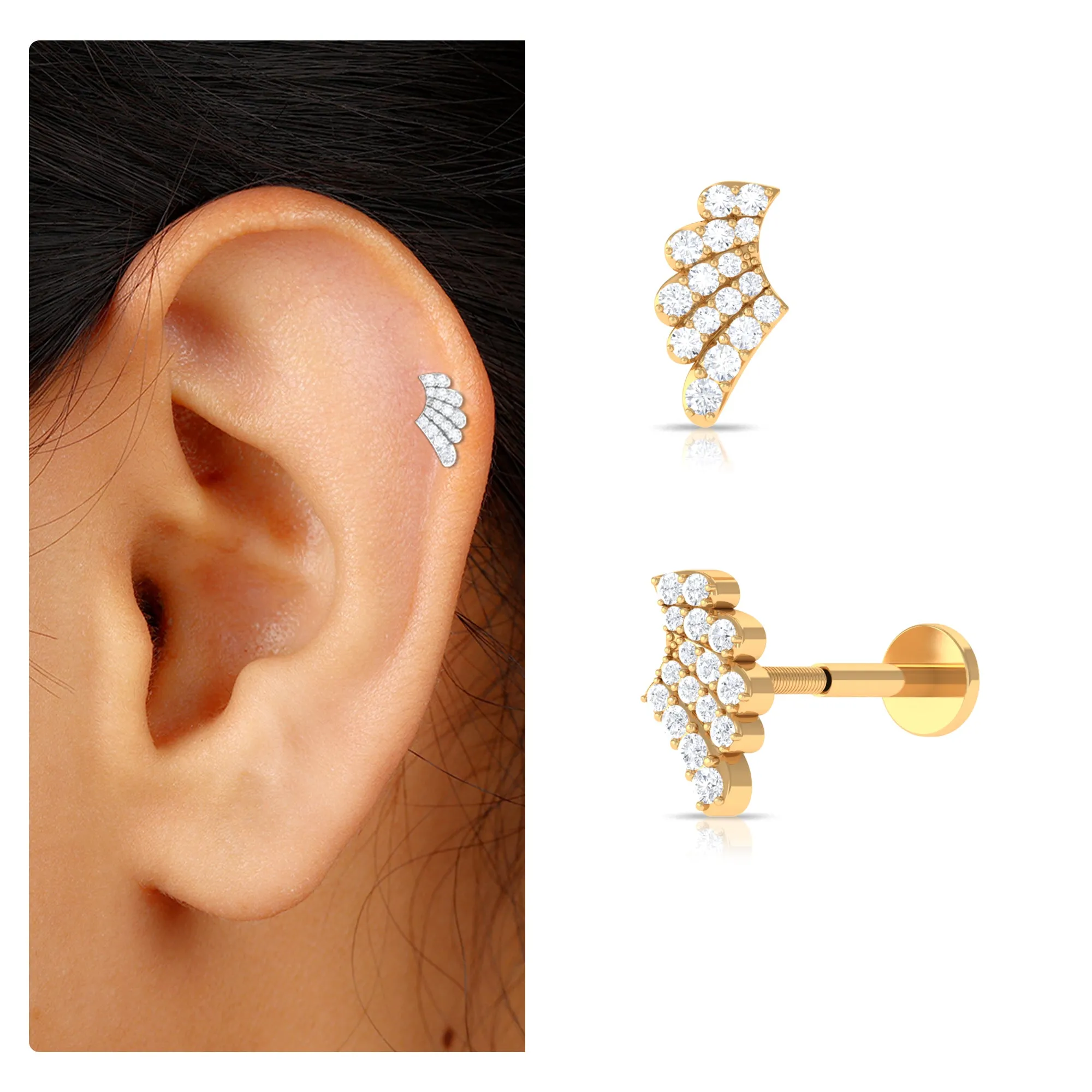 Unique Moissanite Gold Wing Earring for Upper Lobe Piercing