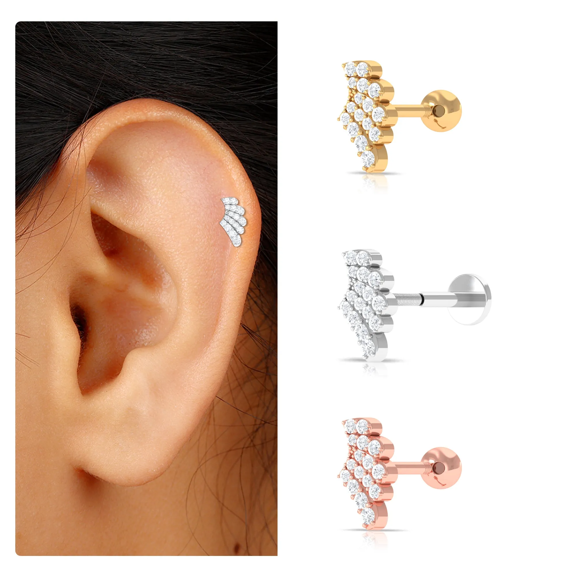 Unique Moissanite Gold Wing Earring for Upper Lobe Piercing