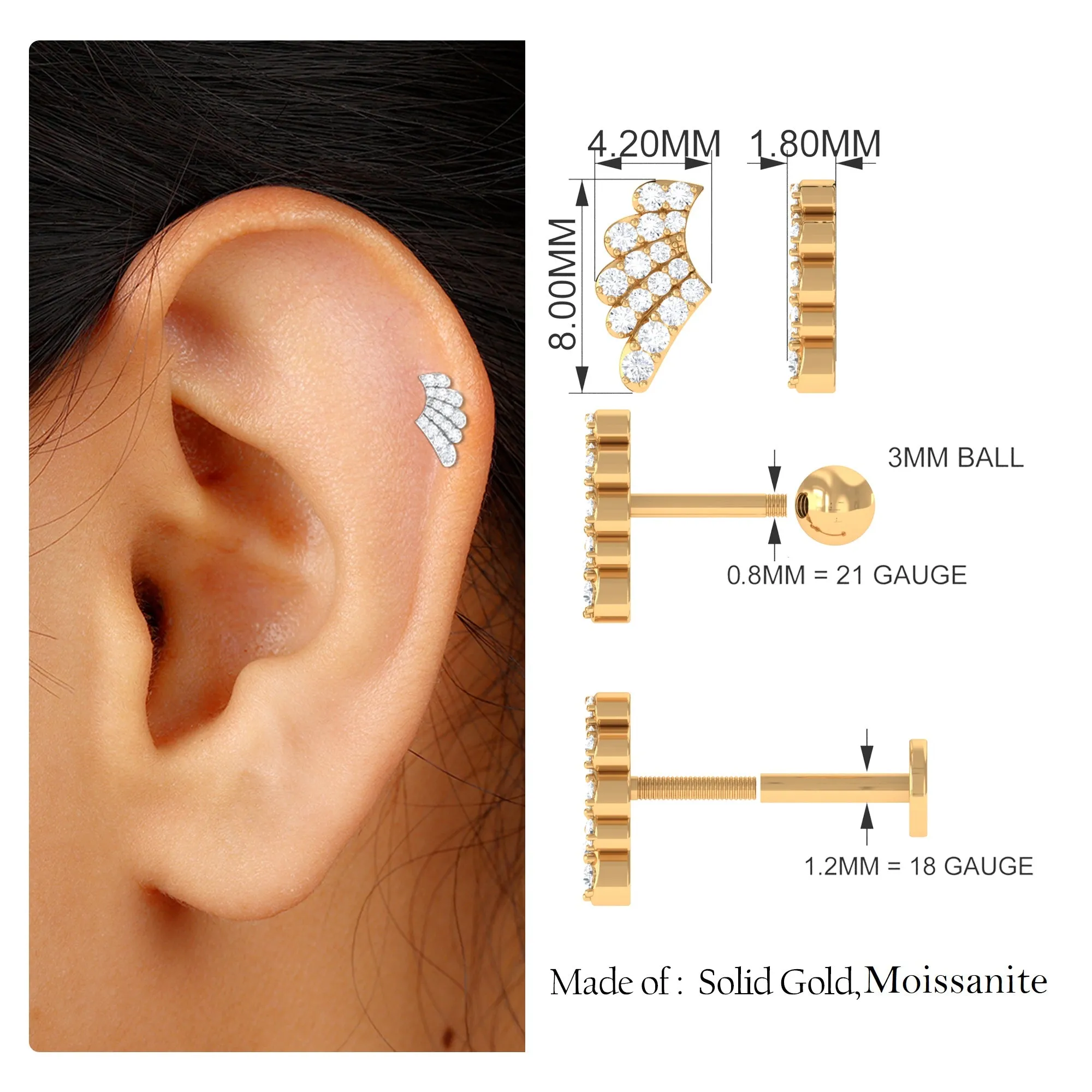 Unique Moissanite Gold Wing Earring for Upper Lobe Piercing