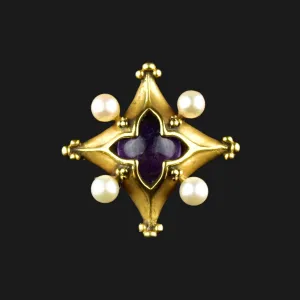 Vintage Quatrefoil Amethyst Pearl Brooch