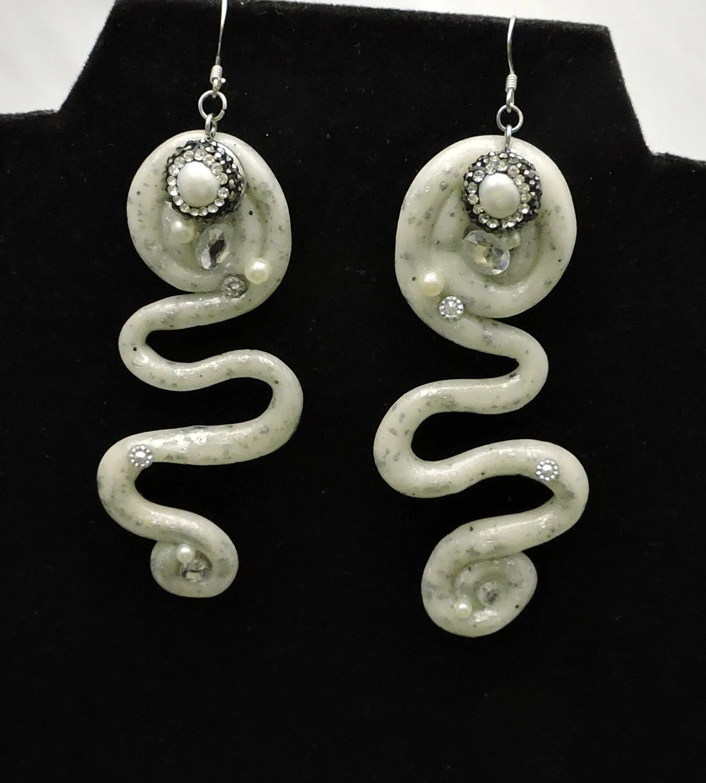 White Granite Clay with Silver Dust Dangle Earrings