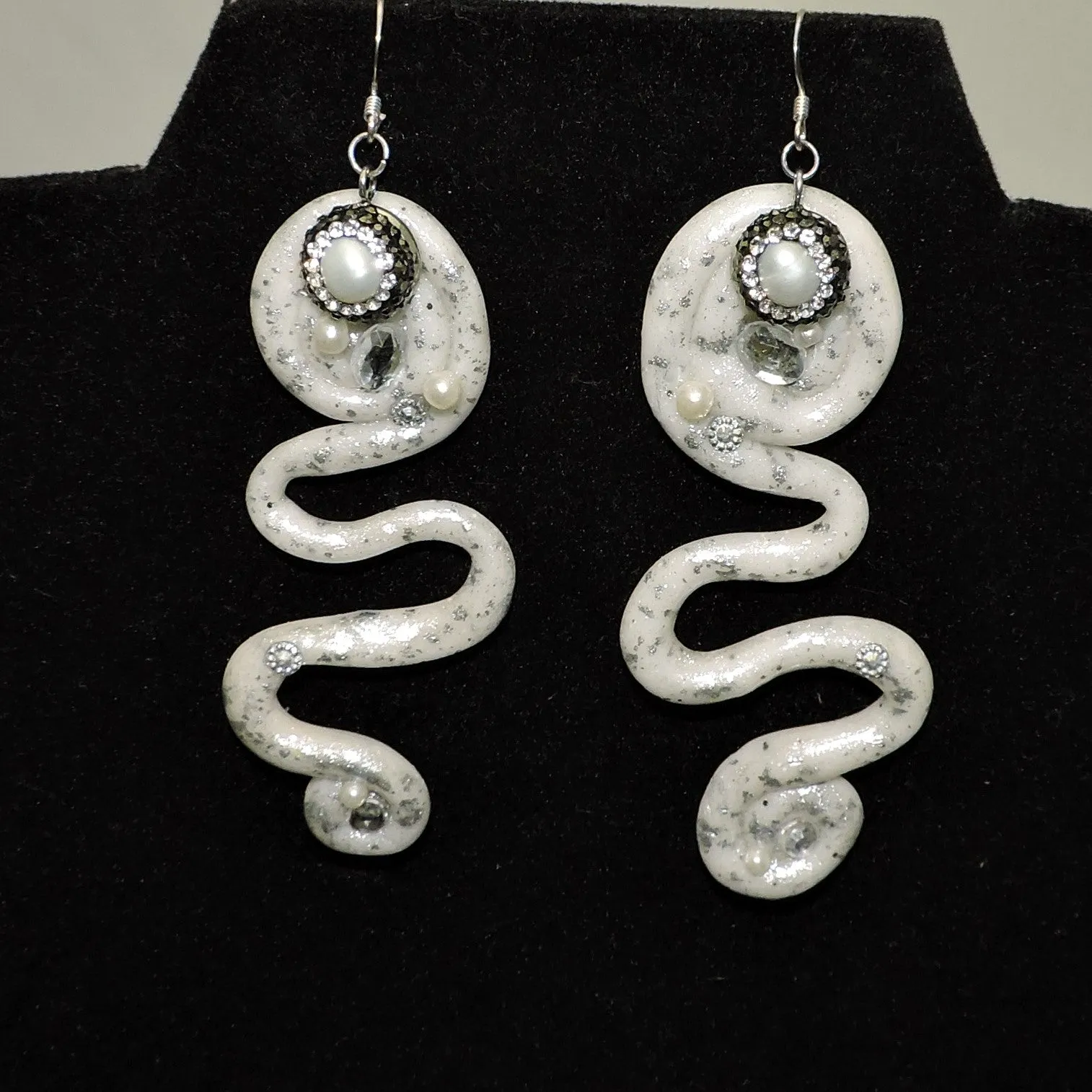 White Granite Clay with Silver Dust Dangle Earrings